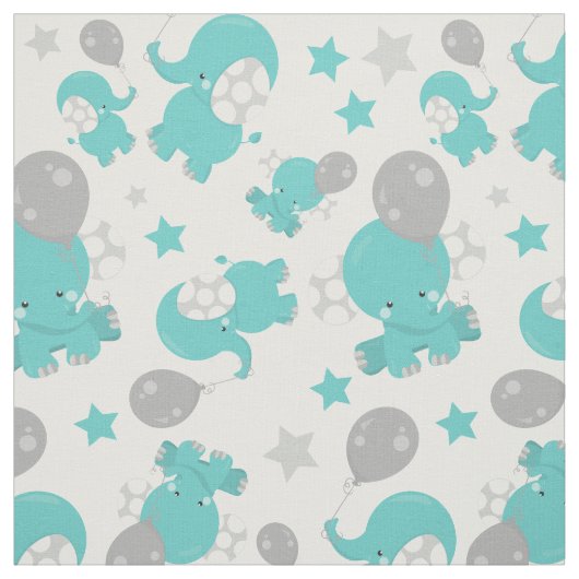 青い象のパターン，かわいい象，星 ファブリック (見本)