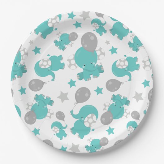 青い象のパターン，かわいい象，星 ペーパープレート (正面)