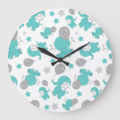 青い象のパターン,かわいい象,星 ラージ壁時計 (正面)