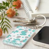 青い象のパターン,星,あなたの名前 キーホルダー (正面右)