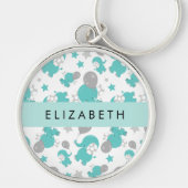 青い象のパターン,星,あなたの名前 キーホルダー (正面)