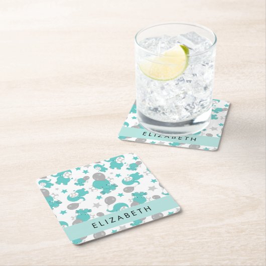 青い象のパターン,星,あなたの名前 スクエアペーパーコースター (インサイチュ)