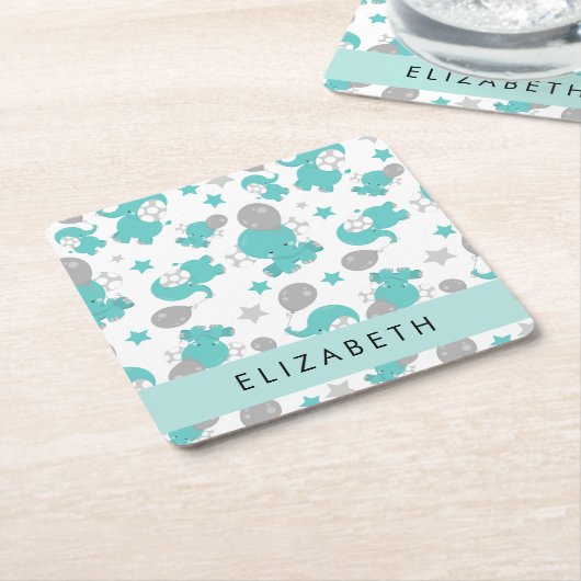 青い象のパターン，星，あなたの名前 スクエアペーパーコースター (アングル)