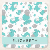 青い象のパターン,星,あなたの名前 スクエアペーパーコースター (正面)