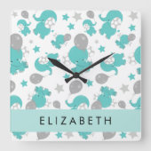 青い象のパターン,星,あなたの名前 スクエア壁時計 (正面)