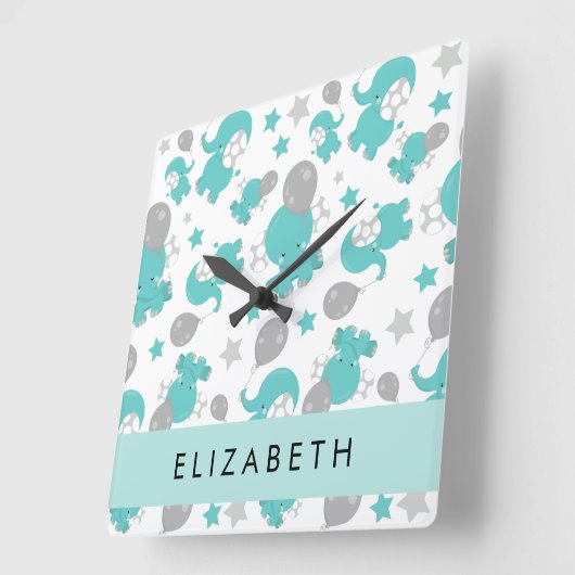 青い象のパターン,星,あなたの名前 スクエア壁時計 (傾斜)