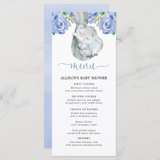 青い象のフローラ水の色の赤ちゃんシャワーメニュー プログラム (正面/裏面)