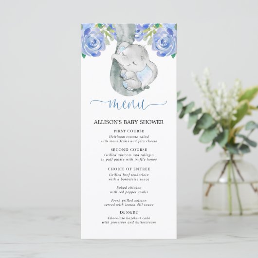 青い象のフローラ水の色の赤ちゃんシャワーメニュー プログラム (スタンド正面)