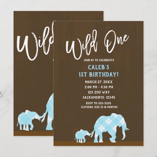 青い象のブラウン モダン WILD ONE 1歳の誕生日 招待状 (正面/裏面)