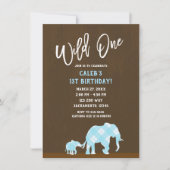 青い象のブラウン モダン WILD ONE 1歳の誕生日 招待状 (正面)