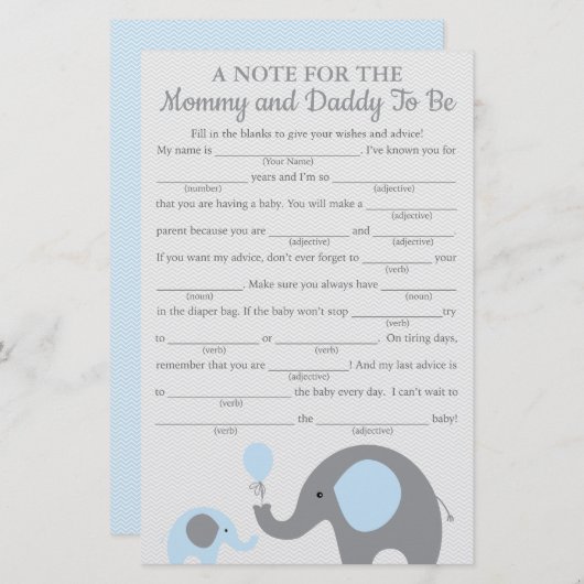 青い象のベビーシャワーアドバイスゲームカード (正面/裏面)