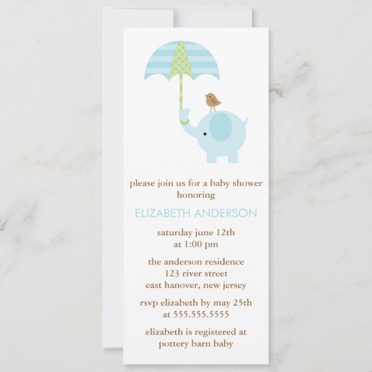 青い象のベビーシャワー 招待状 (正面)