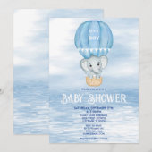青い象のホットエアバルーン ベビーシャワー 招待状 (正面/裏面)