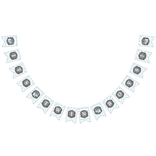 青い象の弓タイの双生児の男の子のベビーシャワー バンティングフラッグ (全)