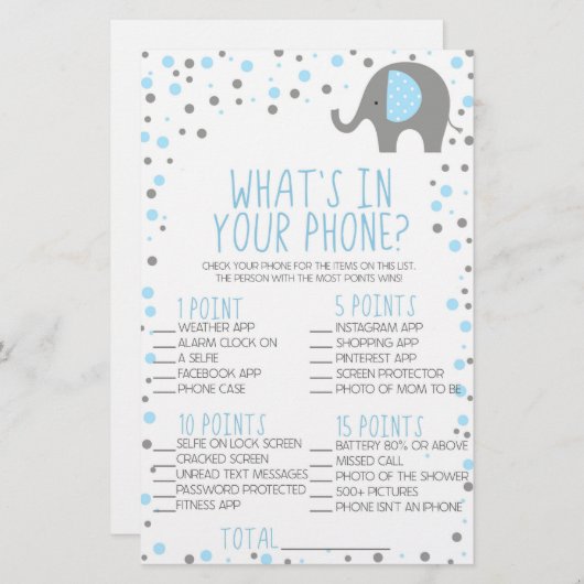 青い象の携帯電話の赤ちゃんシャワーゲーム 便箋 (正面/裏面)