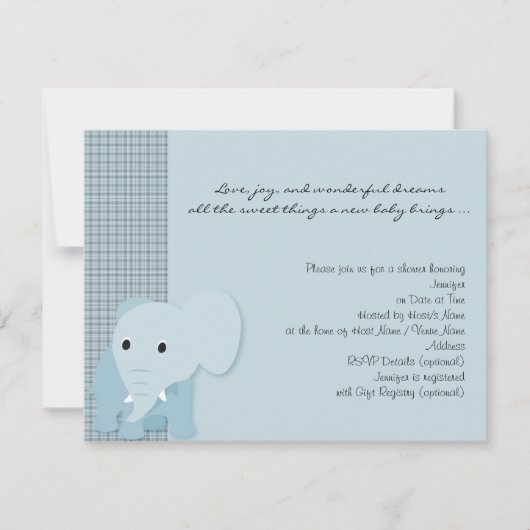 青い象の格子縞のベビーシャワーの招待状 招待状 (正面)