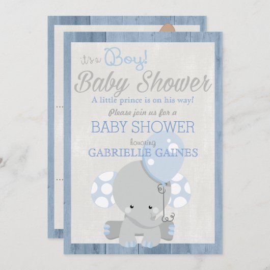 青い象の男の子のベビーシャワーの国の招待状 招待状 (正面/裏面)