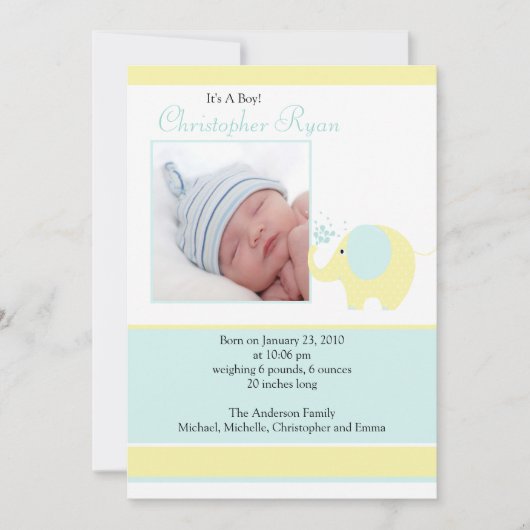 青い象の男の赤ちゃん写真アナウンスメントカード 案内状 (正面)