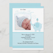 青い象の赤ちゃん男の子写真お知らせカード 案内状 (正面/裏面)