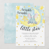 青い象の金色のきらきら星のベビーシャワー 招待状 (正面/裏面)
