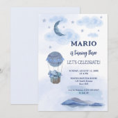 青い象の風船の少年誕生日 招待状 (正面/裏面)