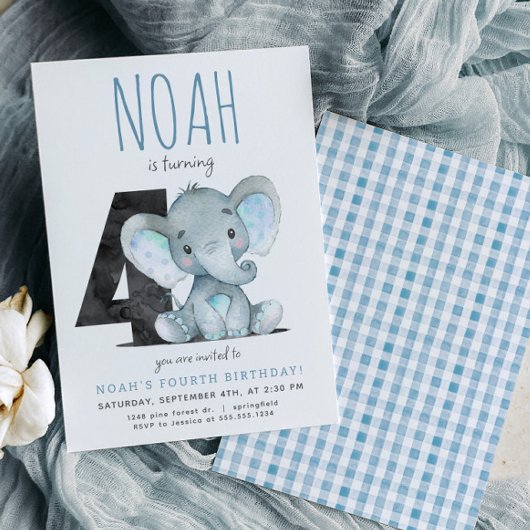 青い象の4歳誕生日パーティー招待状 招待状