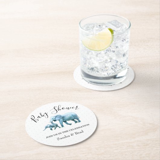 青い象、男の赤ちゃんの赤ちゃんシャワー ラウンドペーパーコースター (インサイチュ)