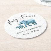 青い象、男の赤ちゃんの赤ちゃんシャワー ラウンドペーパーコースター (アングル)