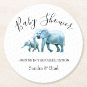 青い象、男の赤ちゃんの赤ちゃんシャワー ラウンドペーパーコースター (正面)