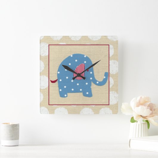 青い象(白い水玉模様) スクエア壁時計 (ホーム)