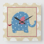 青い象(白い水玉模様) スクエア壁時計 (正面)