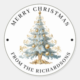 青い豪華なヴィクトリア調のクリスマスツリー メリークリスマス ラウンドシール