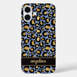 青い豹柄の金箔モノグラム iPhone 16 PLUSケース