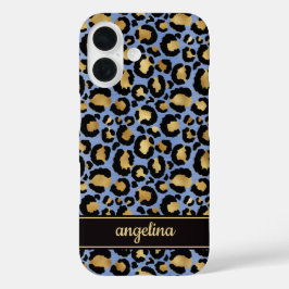 青い豹柄の金箔モノグラム iPhone 16ケース