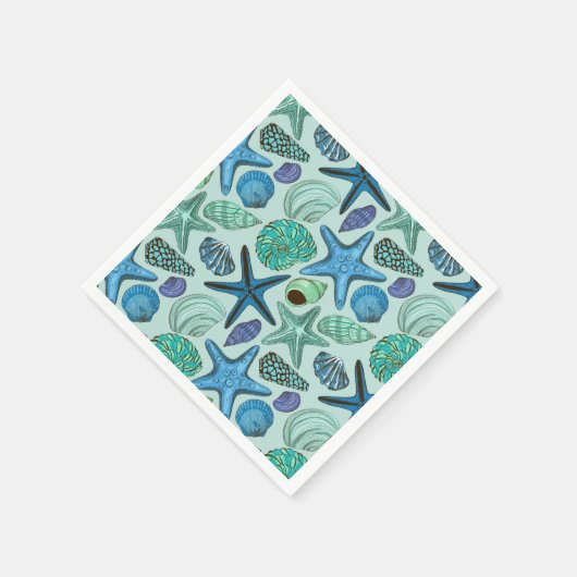 青い貝の色合いとヒトデ模様 スタンダードカクテルナプキン (角)
