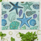 青い貝殻およびヒトデパターンの陰 キッチンタオル (折り畳み)