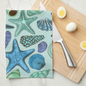 青い貝殻およびヒトデパターンの陰 キッチンタオル (四つ折り)
