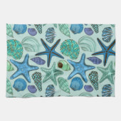 青い貝殻およびヒトデパターンの陰 キッチンタオル (横)