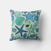 青い貝殻およびヒトデパターンの陰 クッション (裏面)