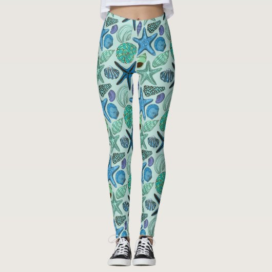青い貝殻およびヒトデパターンの陰 レギンス (正面)