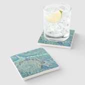 青い貝殻が波打つ海の絵 ストーンコースター (横)