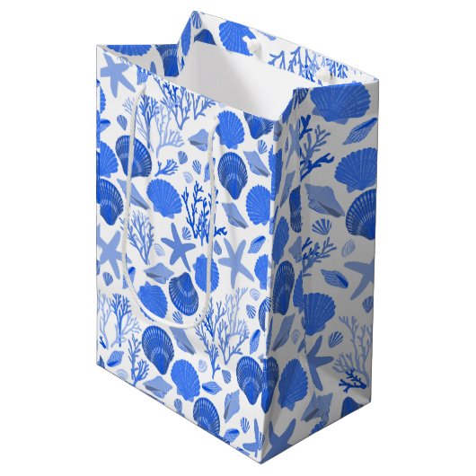 青い貝殻と珊瑚模様 ミディアムペーパーバッグ (正面アングル)