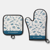 青い貝殻のパターン 鍋つかみ&鍋敷きセット (正面)