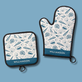 青い貝殻のパターン 鍋つかみ&鍋敷きセット