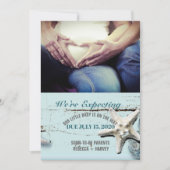 青い貝殻のビーチ写真の妊娠告知 案内状 (正面)