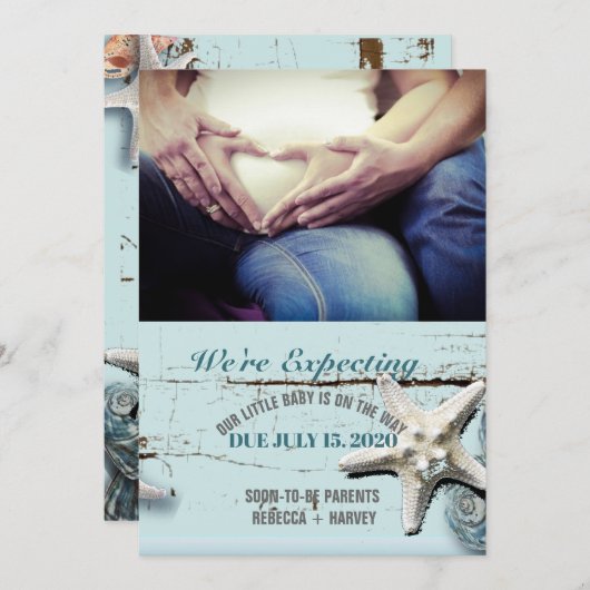 青い貝殻のビーチ写真の妊娠告知 案内状 (正面/裏面)