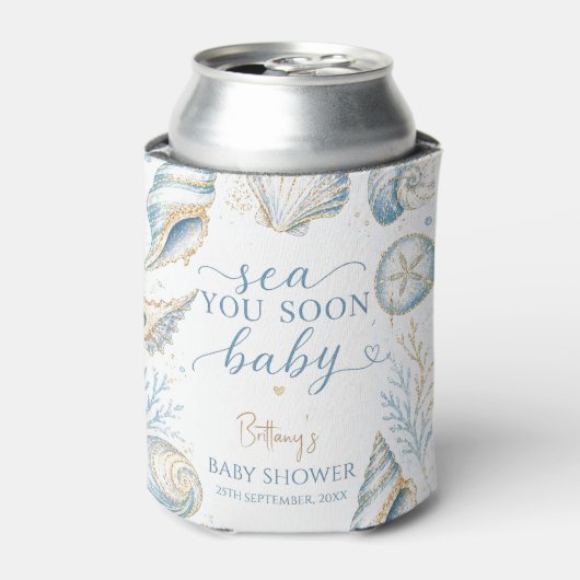 青い貝殻のベビーシャワー Sea You Soon 缶クーラー (缶正面)