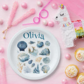 青い貝殻の紙皿 | オーダーメイド名 ペーパープレート (パーティー)