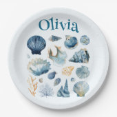 青い貝殻の紙皿 | オーダーメイド名 ペーパープレート (正面)