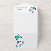 青い贅沢な蝶。エレガントで軽やかなウェディング オールインワン招待状 (外側)